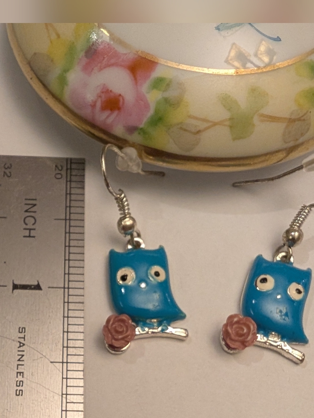 Whimsical Blue Owl Dangle Earrings with Rose Accent - Picture 2 of 3